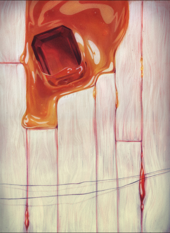 Sam Wolfe Connellys abstract artwork features a large red gemstone set in thick amber resin, reminiscent of acrylic brushstrokes on wood. The resin drips vertically against a backdrop of white and beige shades.
