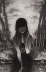 A shadowy forest scene, reminiscent of Sam Wolfe Connellys style, depicts a figure with long hair and a tutu-like dress sitting among trees and pumpkins. The graphite illustration on Stonehenge paper captures them touching their face with one hand.
