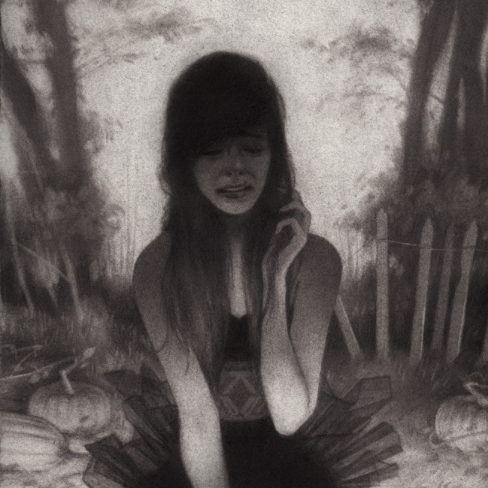 A shadowy forest scene, reminiscent of Sam Wolfe Connellys style, depicts a figure with long hair and a tutu-like dress sitting among trees and pumpkins. The graphite illustration on Stonehenge paper captures them touching their face with one hand.