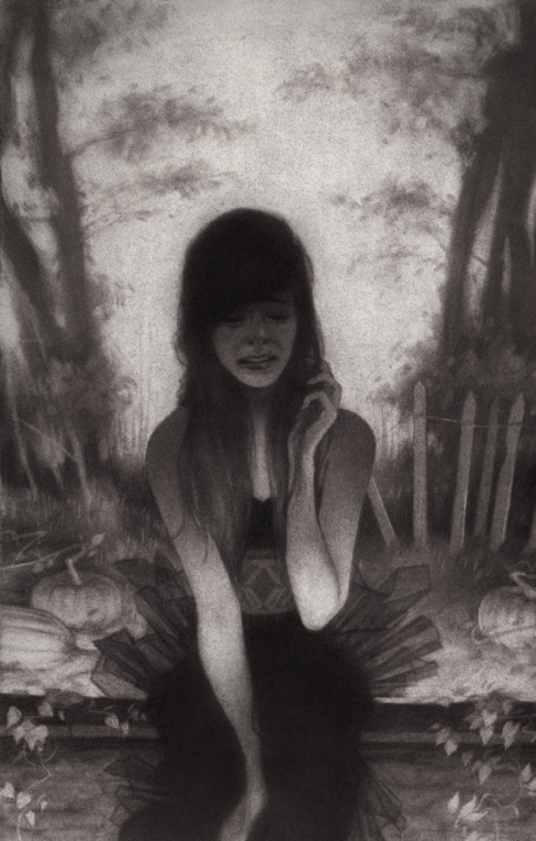 A shadowy forest scene, reminiscent of Sam Wolfe Connellys style, depicts a figure with long hair and a tutu-like dress sitting among trees and pumpkins. The graphite illustration on Stonehenge paper captures them touching their face with one hand.