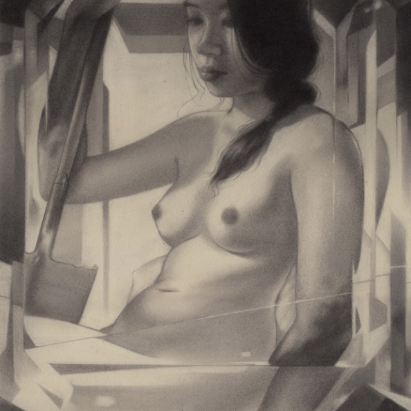 Created by Sam Wolfe Connelly, its a grayscale graphite drawing on BFK Rives paper featuring a nude woman with long hair partially covering her face. She sits in a fragmented, geometric space where light and shadow create a soft, reflective luster on her skin and surroundings.