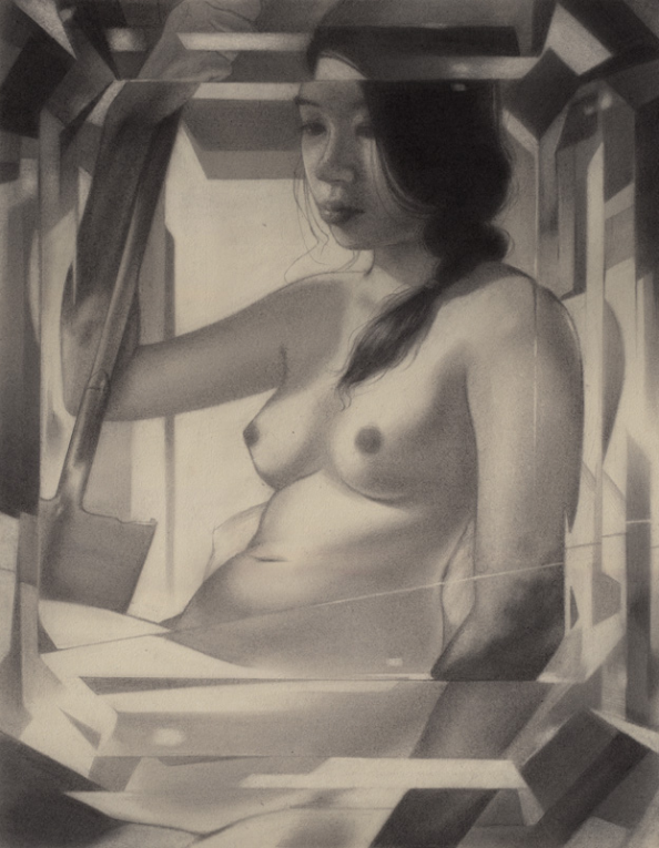 Created by Sam Wolfe Connelly, its a grayscale graphite drawing on BFK Rives paper featuring a nude woman with long hair partially covering her face. She sits in a fragmented, geometric space where light and shadow create a soft, reflective luster on her skin and surroundings.