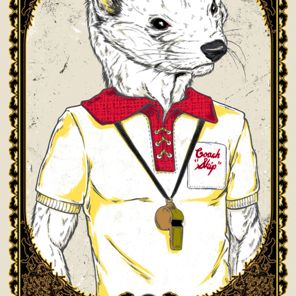 A limited edition screen print by Rhys Cooper showcases an anthropomorphic ferret in a yellow and red referee shirt with a whistle. The ornate black and gold background complements this artwork titled Mustela Putorius Furo, part of an edition of 50 prints.