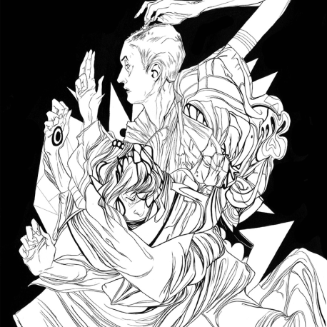Nimit Malavias abstract black-and-white illustration showcases intertwined human figures with intricate lines and geometric shapes. A large hand evocative of a Ritual Father Figure stretches from the top right, set against a solid black background with a gold leaf circle at the top center.