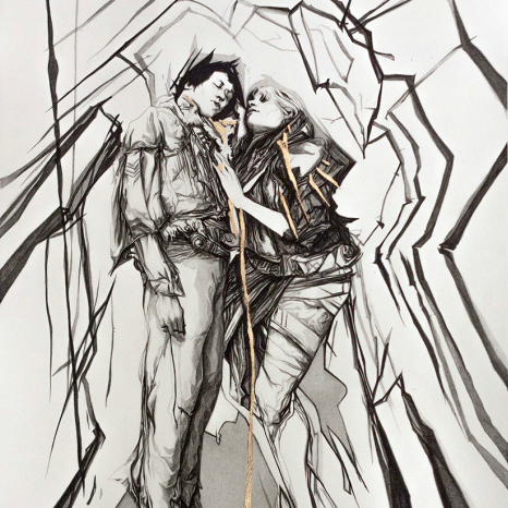 Nimit Malavias monochrome sketch Dangerous Lovers portrays two entwined abstract figures with angular, fragmented lines that create a dynamic, cracked surface effect as they gaze at each other.