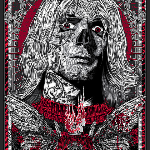 A stylized monochromatic screen print shows a long-haired figure with detailed tattoos against a patterned red and black background. K.C. appears at the bottom center, framed by wings and fiery imagery, evoking a fallen spirit in the style of Rhys Cooper.