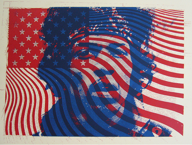 A Matt Dye screen print overlays a partially visible face with red, white, and blue stripes forming an American flag pattern. Inspired by Blunt Graffix art, it features stars and wavy lines in a dynamic style reminiscent of Jimi Hendrixs boldness.