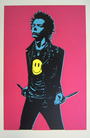 A Blunt Graffix illustration by Matt Dye showcases a person with spiky hair, clad in black and wielding knives. Their leather jacket displays a yellow smiley, all set against a lively pink backdrop. This screen print artwork captures the edgy essence of Weapons of Choice.