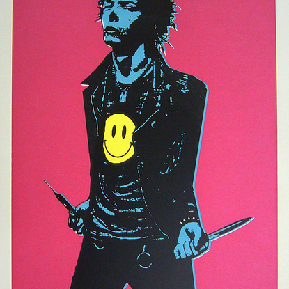 A Blunt Graffix illustration by Matt Dye showcases a person with spiky hair, clad in black and wielding knives. Their leather jacket displays a yellow smiley, all set against a lively pink backdrop. This screen print artwork captures the edgy essence of Weapons of Choice.