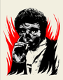 Illustrated portrait of a man smoking, crafted in Matt Dyes style, featuring bold sketch-like details with dynamic red and white flames adding drama. The man dons a dark jacket over a light shirt, reminiscent of Blunt Graffixs edgy compositions.
