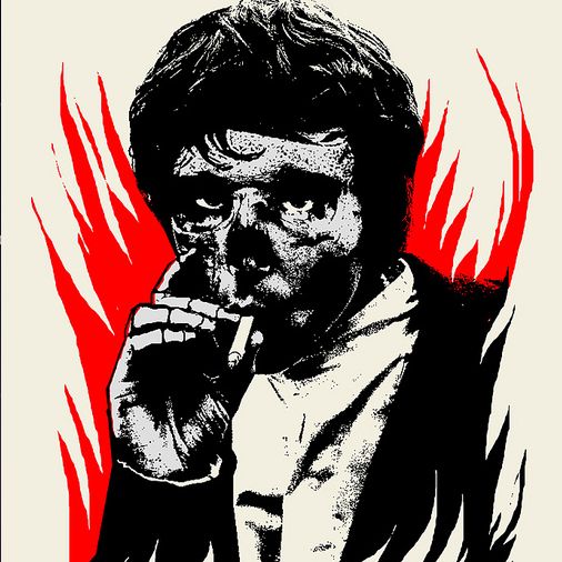 Illustrated portrait of a man smoking, crafted in Matt Dyes style, featuring bold sketch-like details with dynamic red and white flames adding drama. The man dons a dark jacket over a light shirt, reminiscent of Blunt Graffixs edgy compositions.