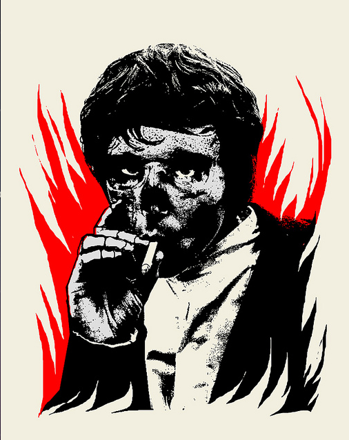 Illustrated portrait of a man smoking, crafted in Matt Dyes style, featuring bold sketch-like details with dynamic red and white flames adding drama. The man dons a dark jacket over a light shirt, reminiscent of Blunt Graffixs edgy compositions.