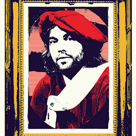 A vintage screen-printed style portrait of Tim Jordan showcases him in a red beret and robe against a yellow and black background, featuring bold lines and contrasting colors for a timeless charm.