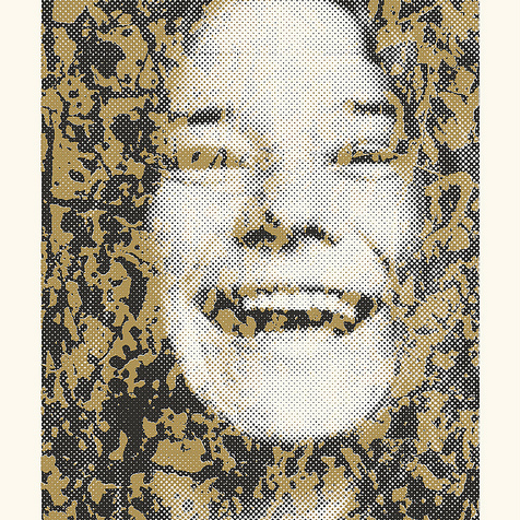 A Tim Jordan pop art-style portrait features a smiling person with wavy hair akin to Janis Joplin. The image resembles a screen print, made of dots in gold and black, creating a textured and layered look.