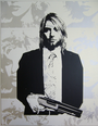 Black and white screen print artwork by Matt Dye depicts a man with shoulder-length hair in a suit, holding a gun. The background, crafted by Blunt Graffix, features abstract faces in lighter shades.