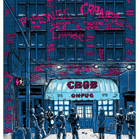 Tim Doyles signed and numbered screen print features a stylized illustration of the iconic CBGB club facade at night, with blue tones and red graffiti of band names like Ramones and Blondie. People gather beneath an OMFUG sign.
