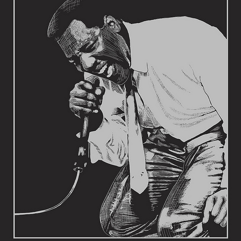 A screen print by New Flesh shows a man in a shirt and tie kneeling and passionately singing into a microphone. The dark background features Otis Redding with the years 1941-1967, capturing his soulful essence.