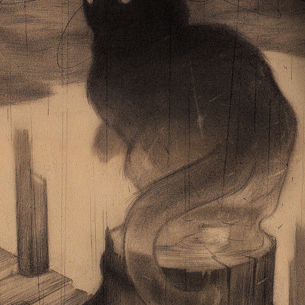 A mysterious, shadowy cat with glowing eyes perches on a barrel at The Docks, exuding an eerie atmosphere with swirling, sketch-like lines and an abstract style in graphite art akin to Sam Wolfe Connellys work.