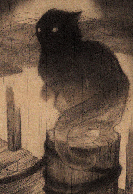 A mysterious, shadowy cat with glowing eyes perches on a barrel at The Docks, exuding an eerie atmosphere with swirling, sketch-like lines and an abstract style in graphite art akin to Sam Wolfe Connellys work.