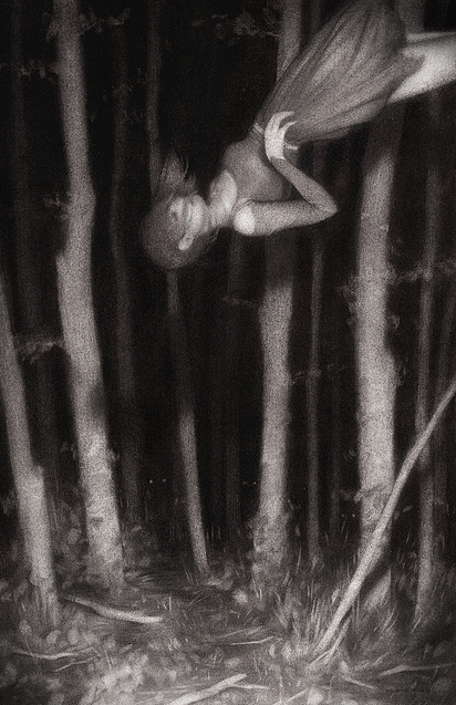 A black and white image, conjuring Sam Wolfe Connellys style, shows a person floating sideways in a shadowy forest. Slender tree trunks and dense undergrowth create an ethereal ambiance, like graphite on paper, with the flowing dress enhancing the surreal vibe.