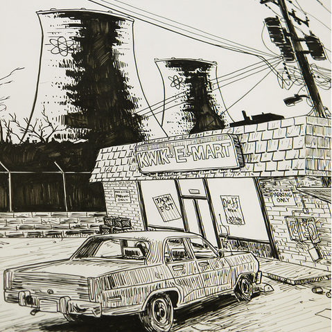 A graphite and pen drawing depicts a vintage car parked in front of Kwik-E-Mart, with cooling towers and power lines accentuating the industrial backdrop, reminiscent of Tim Doyles style, as night descends on the SNPP.
