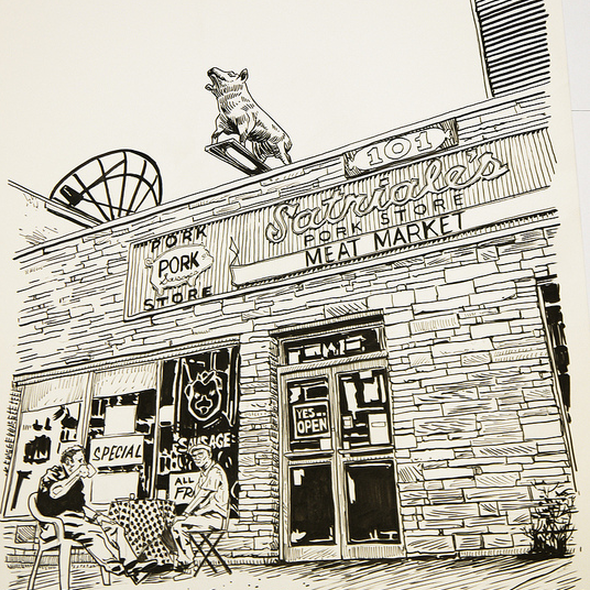 A black and white graphite and pen illustration by Tim Doyle depicts a storefront with Pork Store and Meat Market signs. It features a pig statue on the roof and two people sitting outside under sign 101 near the Yes We Are Open sign.