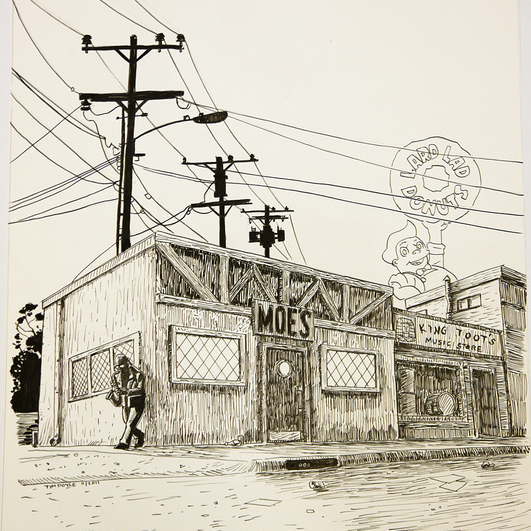 A black and white building drawing titled Moes, reflecting Tim Doyles iconic style, features a person amid telephone poles. Above, a circular sign reads Barrel Lad Donuts, reminiscent of art shown at Spoke Art Gallery from the brand Tim Doyle.