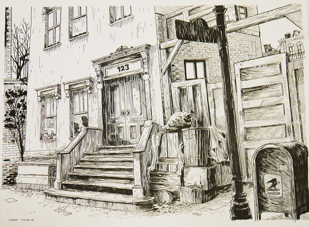 This black and white illustration captures a nostalgic urban street scene in Tim Doyles style, with building 123s front steps, a streetlamp, mailbox, and tree in the background—perfect for a Nest of Doors show at Spoke Art Gallery.