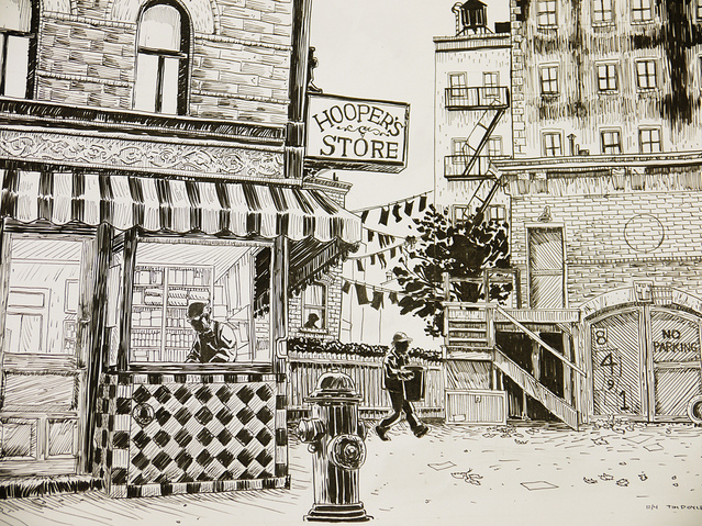 The black and white illustration by Tim Doyle features a bustling urban street where a person enters Hoopers Store with its checkered awning. Amid towering brick buildings and lines of laundry, a fire hydrant stands by the No Parking sign, all artfully rendered in graphite and pen on paper.