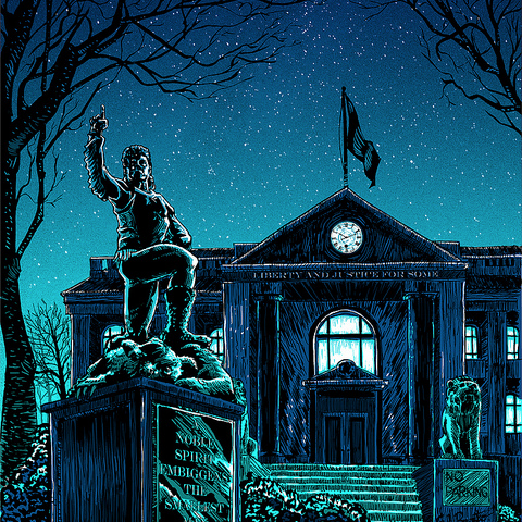 In a nighttime scene styled like Tim Doyles work, a large columned building with a clock looms. A statue clutching a torch stands by the banner declaring No More Spirals, Embrace the Surface, framed by a tree and sign in this screen print tableau.