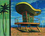 A painting features a coastal scene with a lifeguard tower shaped like a cowboy hat, evoking Serge Gay Jr.s style. The elevated structure stands on stilts on a sandy beach under a blue sky, with a palm tree and its shadow visible on the left. Brand: Serge Gay Jr.