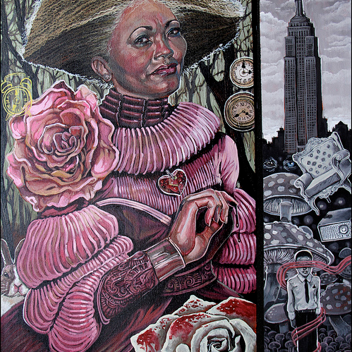 A surreal Serge Gay Jr. painting depicts a woman in a pink Victorian dress with roses and clocks, standing in an enchanted forest near a vertical panel of cityscapes featuring the Empire State Building. The acrylic on canvas is from the Queens of Hearts series.