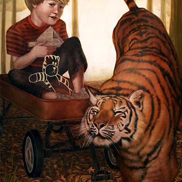 A blond-haired boy in a red and black striped shirt sits in a red wagon holding a book and toy, while a tiger nuzzles the wagon amidst trees and soft glowing light, reminiscent of Casey Weldons captivating art.