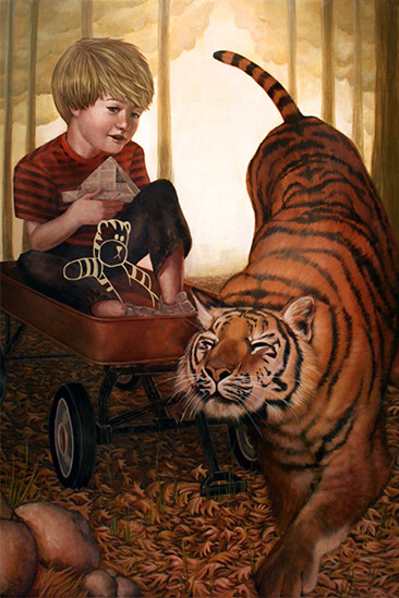 A blond-haired boy in a red and black striped shirt sits in a red wagon holding a book and toy, while a tiger nuzzles the wagon amidst trees and soft glowing light, reminiscent of Casey Weldons captivating art.