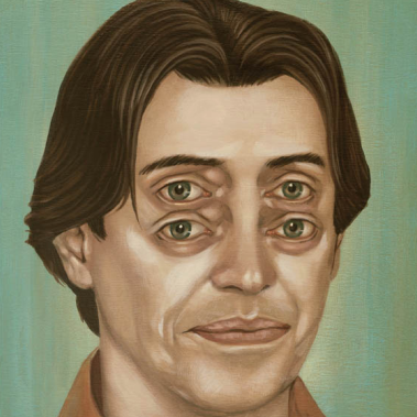 A surreal oil-on-wood painting by Casey Weldon features a person in a brown shirt with two vertically stacked pairs of eyes, set against a teal to light blue gradient background, showing a neutral expression.