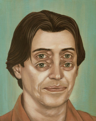 A surreal oil-on-wood painting by Casey Weldon features a person in a brown shirt with two vertically stacked pairs of eyes, set against a teal to light blue gradient background, showing a neutral expression.