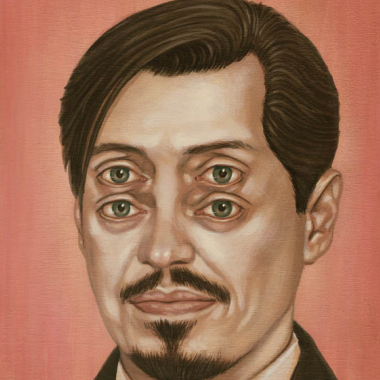 Casey Weldons surreal oil-on-wood portrait showcases a man with dark hair and a mustache, two sets of eyes, against a muted pink backdrop, exuding a dreamy and abstract Pinky Pinky vibe.