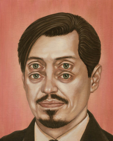 Casey Weldons surreal oil-on-wood portrait showcases a man with dark hair and a mustache, two sets of eyes, against a muted pink backdrop, exuding a dreamy and abstract Pinky Pinky vibe.