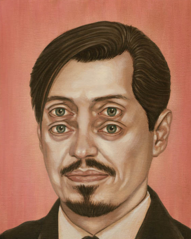 Casey Weldons surreal oil-on-wood portrait showcases a man with dark hair and a mustache, two sets of eyes, against a muted pink backdrop, exuding a dreamy and abstract Pinky Pinky vibe.