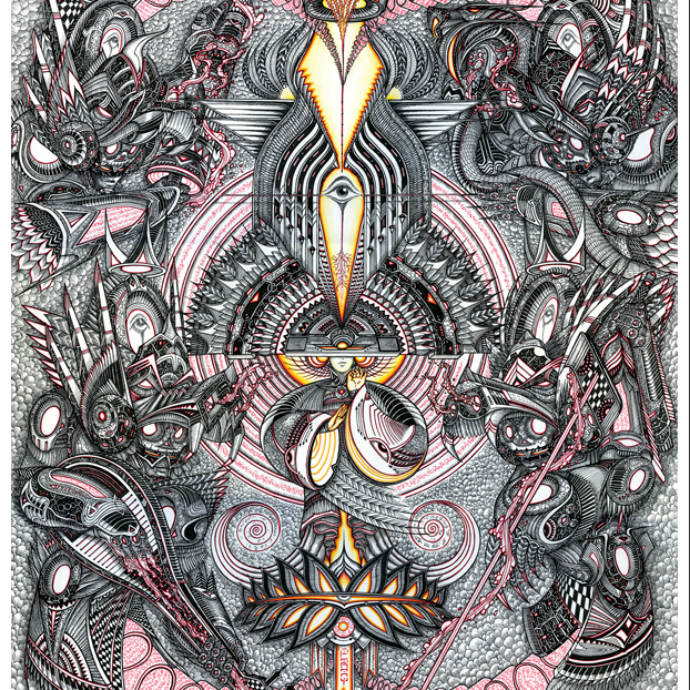 Intricate abstract art by Erik Siador features interwoven shapes, patterns, faces, and a central eye surrounded by mythical creatures and geometric motifs in black, white, red, and yellow tones. Created using ink on Strathmore 500 illustration board.