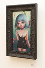 An Ana Bagayan framed oil on wood painting portrays a blue-haired, large-eyed girl in a black dress with a white collar. She is surrounded by colorful seahorses forming an aquatic portal, set against a green background. The piece is encased in an ornate black frame with intricate patterns.