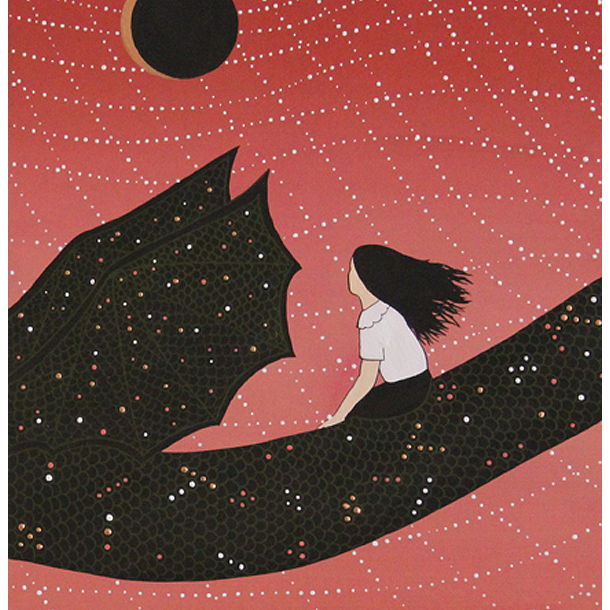 A person with long hair sits on a dragons wood panel tail of hexagonal scales against a starry pink sky, gazing at a black sun with an orange outline. Painted in gouache by Dan-ah Kim, the tail features small colored spots.