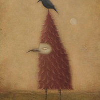 In Paul Barnes acrylic painting, a whimsical creature with a red feathered cone body and thin legs stands with bird-like grace, featuring a long beak and closed eye. It exudes mystery as a small black bird perches on its head against an earthy backdrop.