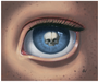 Ana Bagayans Skeleton Eye is a surreal oil on panel painting featuring a blue iris mirroring a detailed skull. The artwork meticulously captures the speckled freckles around the eye, enhancing its enigmatic charm.