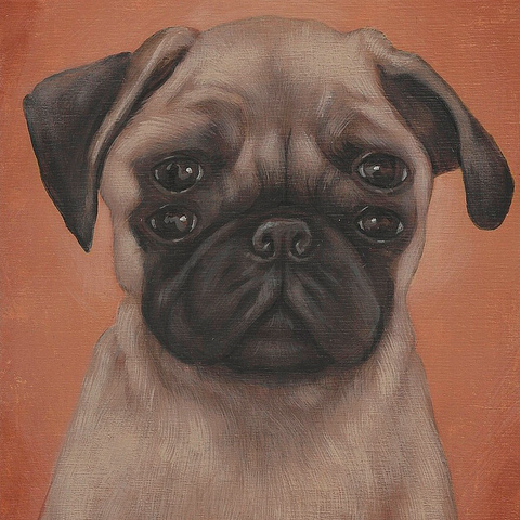 Casey Weldons surreal acrylic on wood, Poochie Poochie 2, depicts a whimsical pug with two sets of eyes against a reddish-brown backdrop.