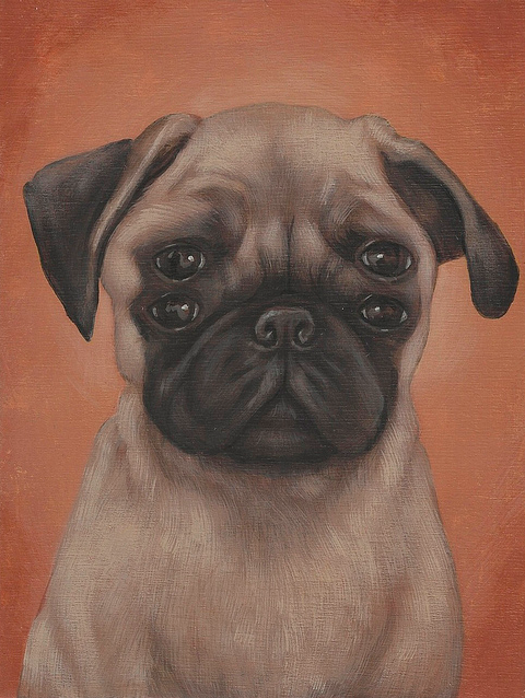Casey Weldons surreal acrylic on wood, Poochie Poochie 2, depicts a whimsical pug with two sets of eyes against a reddish-brown backdrop.