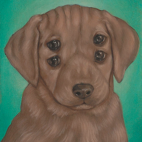 Casey Weldons acrylic on wood painting at Spoke Art Gallery depicts a whimsical brown puppy with multiple eyes and noses against a vibrant green background.