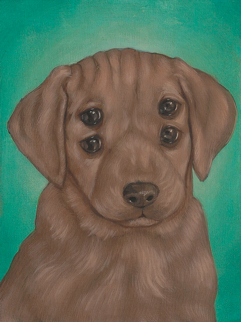 Casey Weldons acrylic on wood painting at Spoke Art Gallery depicts a whimsical brown puppy with multiple eyes and noses against a vibrant green background.