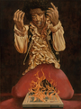 Acrylic on wood depicts a person with curly hair, wearing a headband and ruffled shirt, kneeling over a burning guitar on stage with intensity like Casey Weldons style.
