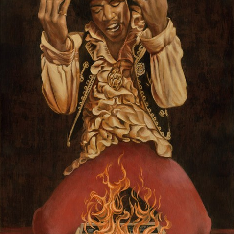 Acrylic on wood depicts a person with curly hair, wearing a headband and ruffled shirt, kneeling over a burning guitar on stage with intensity like Casey Weldons style.